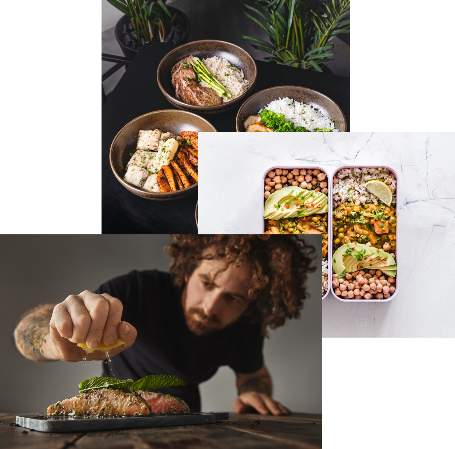 Woman enjoying food, meals in storage container, and food bowls on a table